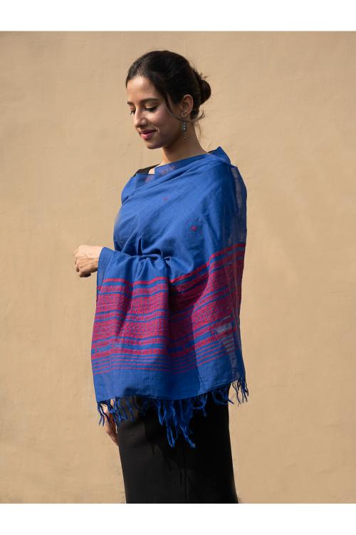 TICH Handwoven Kashida Pattu Cotton Stole / Dupatta - Royal Blue