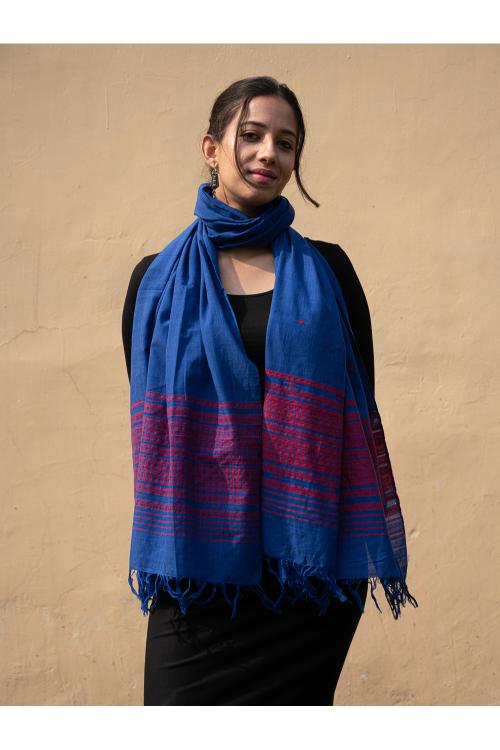 TICH Handwoven Kashida Pattu Cotton Stole / Dupatta - Royal Blue