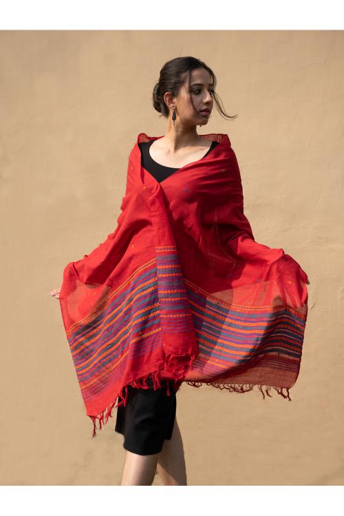 TICH Handwoven Kashida Pattu Cotton Stole / Dupatta - Warm Red