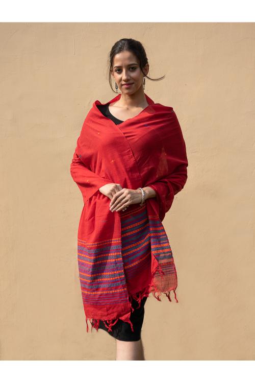 TICH Handwoven Kashida Pattu Cotton Stole / Dupatta - Warm Red