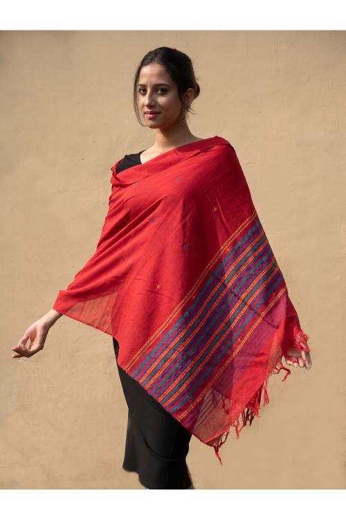 TICH Handwoven Kashida Pattu Cotton Stole / Dupatta - Warm Red