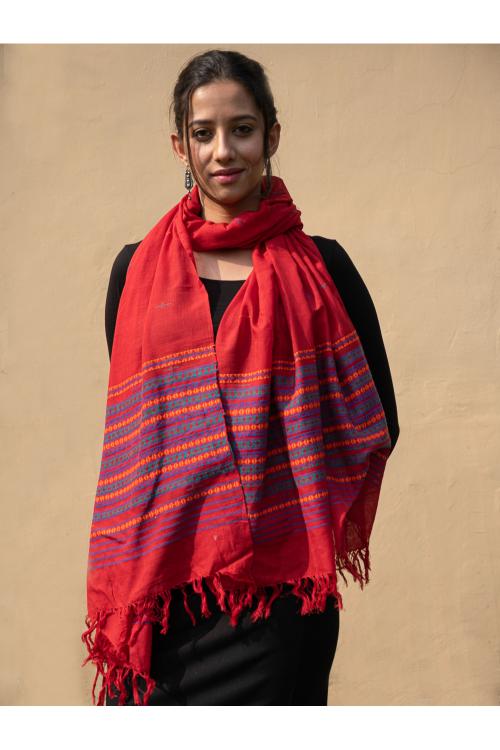 TICH Handwoven Kashida Pattu Cotton Stole / Dupatta - Warm Red