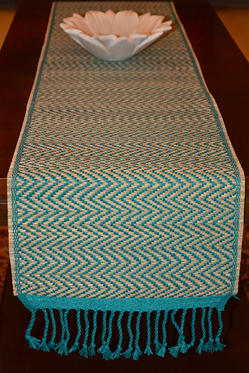 Dharini Madurkathi Chevron Tassels Table Runner Teal Large