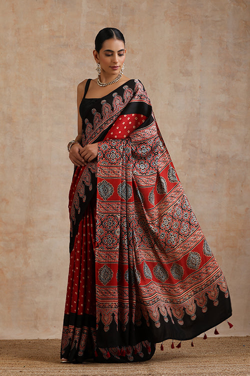 Jahangir Khatri - Red & Red Ajrakh & Bandhani Modal Saree