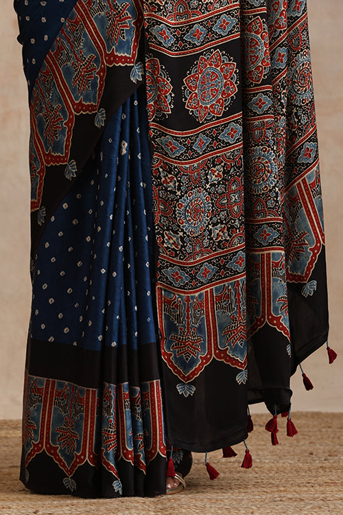 Jahangir Khatri - Black & Prussian Blue Ajrakh & Bandhani Modal Saree