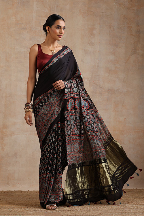 Jahangir Khatri - Black Ajrakh Modal Tissue Pallu Saree