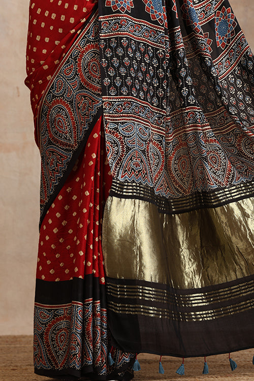 Jahangir Khatri - Black & Red Ajrakh & Bandhani Modal Tissue Pallu Saree