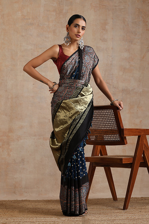 Jahangir Khatri - Black & Prussian Blue Ajrakh & Bandhani Modal Tissue Pallu Saree