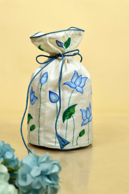 Diorama Designs "Blue Pichwai Lotus" Silk Handpainted Potli