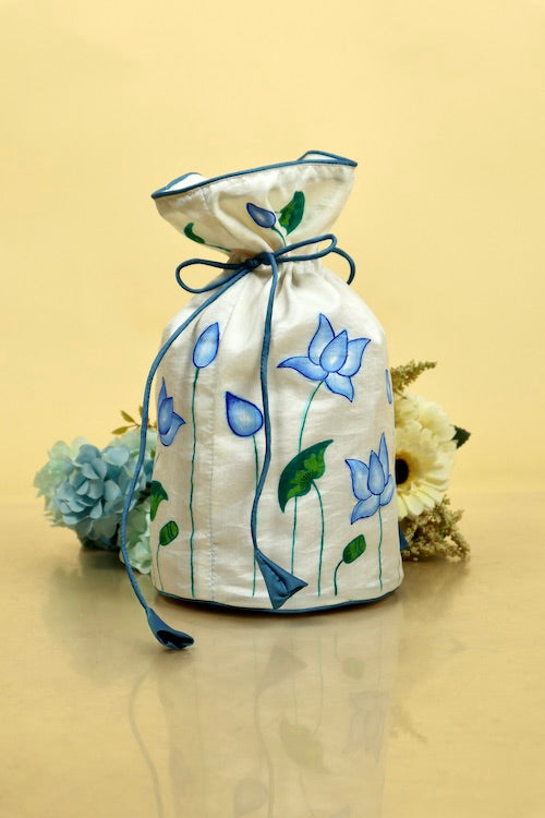 Diorama Designs "Blue Pichwai Lotus" Silk Handpainted Potli
