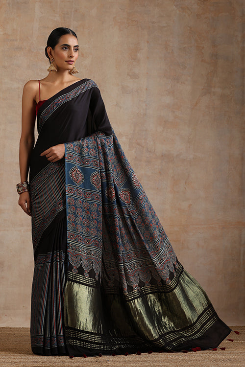 Jahangir Khatri - Indigo Blue Ajrakh Modal Tissue Pallu Saree