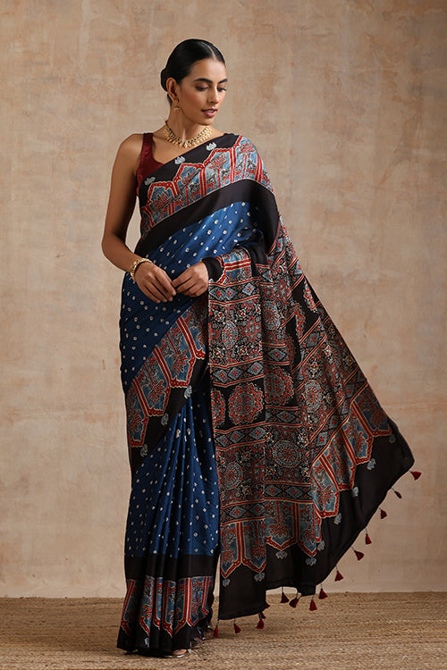 Jahangir Khatri - Black & Prussian Blue Ajrakh & Bandhani Modal Saree