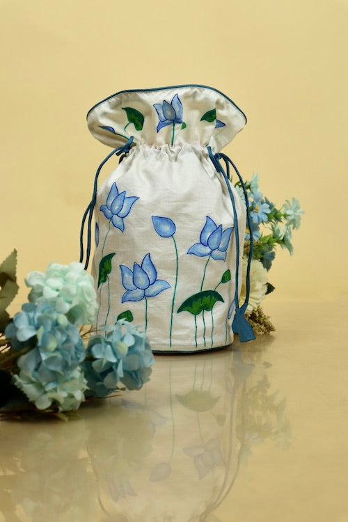Diorama Designs "Blue Pichwai Lotus" Silk Handpainted Potli