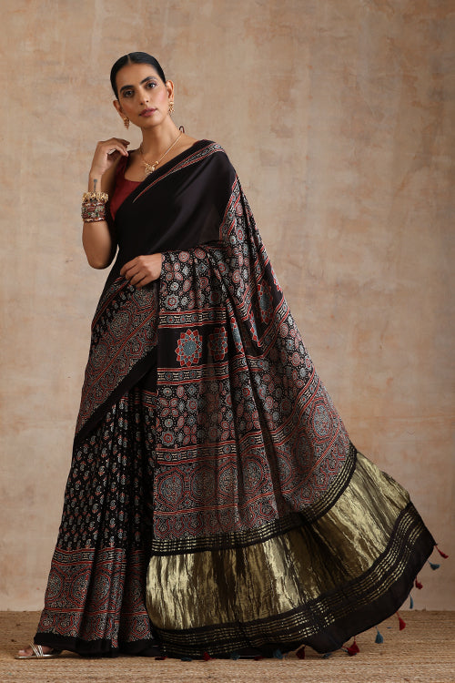 Jahangir Khatri - Black Ajrakh Modal Tissue Pallu Saree