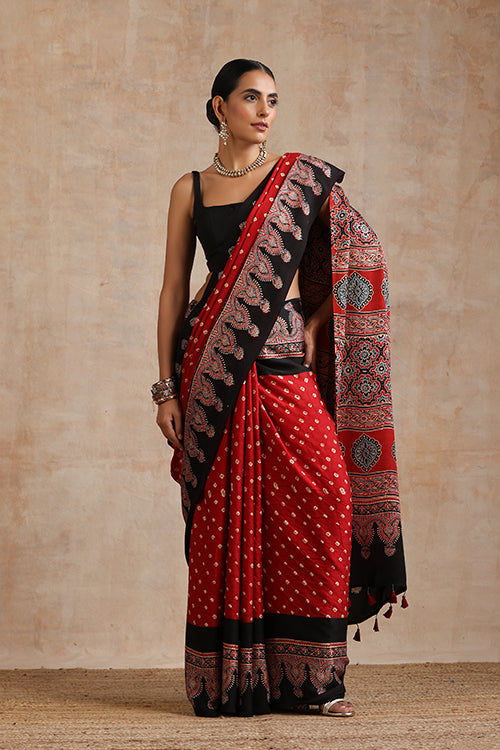 Jahangir Khatri - Red & Red Ajrakh & Bandhani Modal Saree