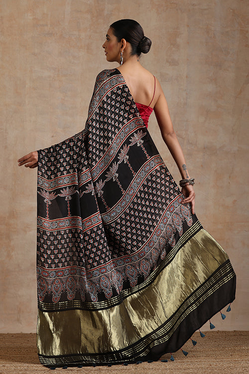 Jahangir Khatri - Black & Maroon Ajrakh & Bandhani Modal Tissue Pallu Saree