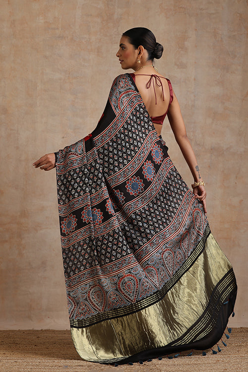 Jahangir Khatri - Black & Red Ajrakh & Bandhani Modal Tissue Pallu Saree