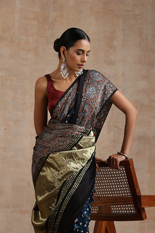 Jahangir Khatri - Black & Prussian Blue Ajrakh & Bandhani Modal Tissue Pallu Saree