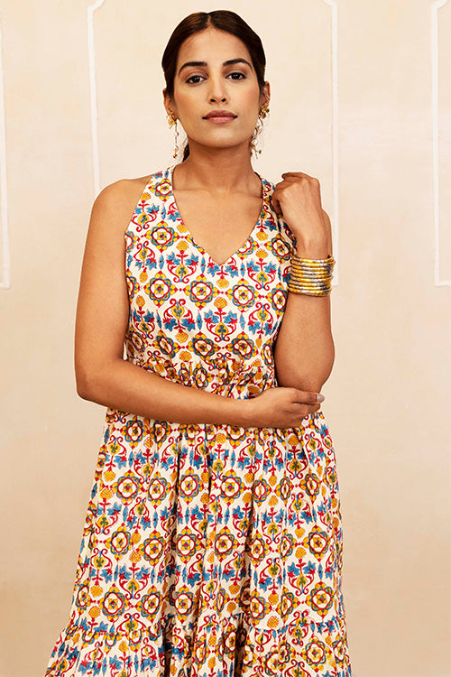 Shuddhi Blue, Red and Yellow Halter Neck Dress