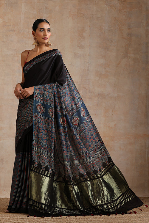 Jahangir Khatri - Indigo Blue Ajrakh Modal Tissue Pallu Saree