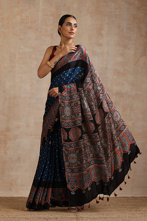 Jahangir Khatri - Black & Prussian Blue Ajrakh & Bandhani Modal Saree