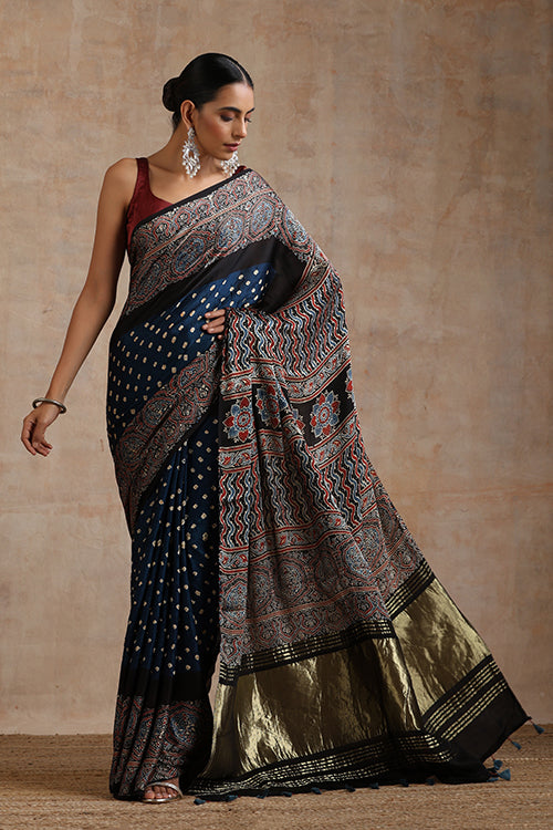 Jahangir Khatri - Black & Prussian Blue Ajrakh & Bandhani Modal Tissue Pallu Saree