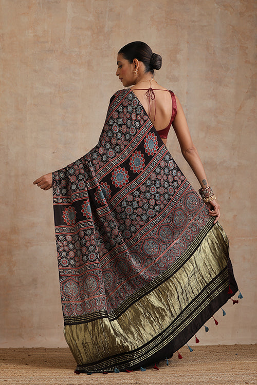 Jahangir Khatri - Black Ajrakh Modal Tissue Pallu Saree