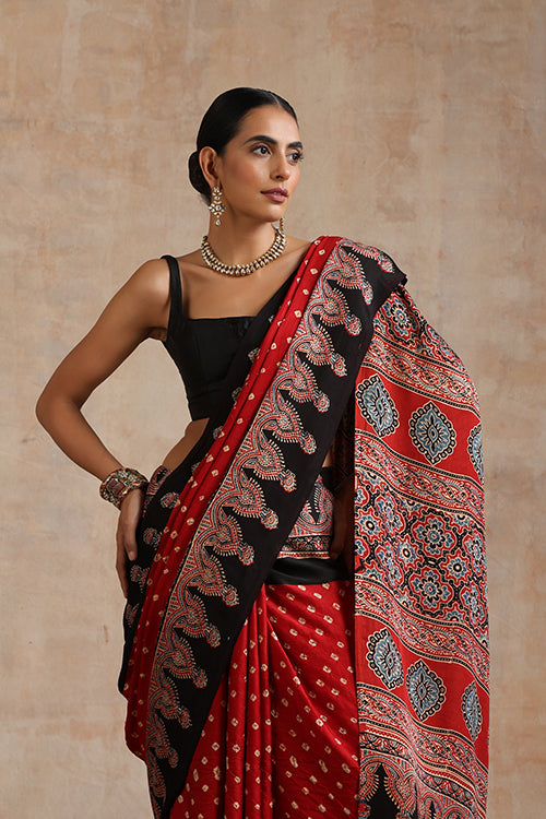Jahangir Khatri - Red & Red Ajrakh & Bandhani Modal Saree