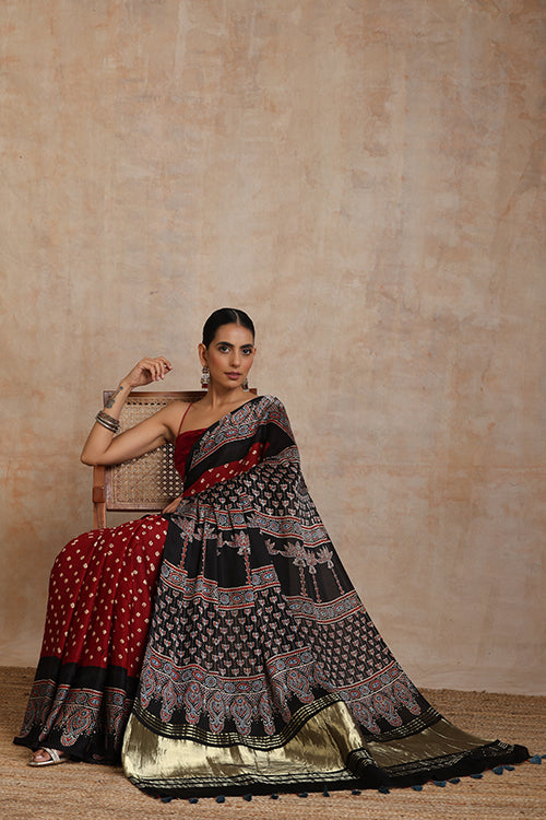 Jahangir Khatri - Black & Maroon Ajrakh & Bandhani Modal Tissue Pallu Saree