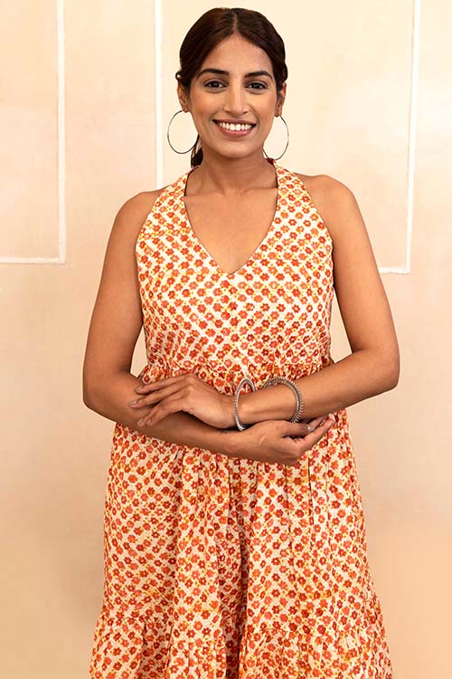 Shuddhi Mustard and Maroon Halter Neck Dress