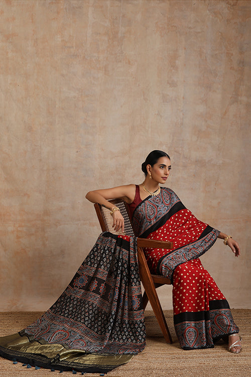 Jahangir Khatri - Black & Red Ajrakh & Bandhani Modal Tissue Pallu Saree