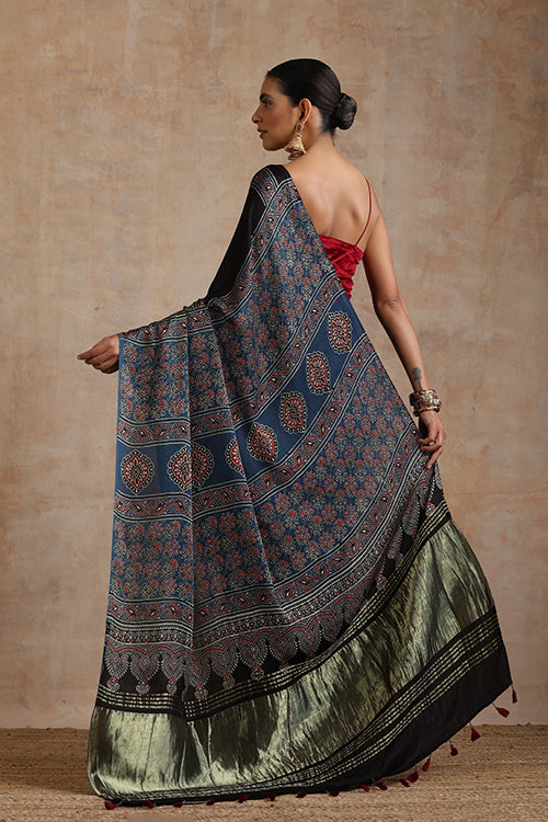Jahangir Khatri - Indigo Blue Ajrakh Modal Tissue Pallu Saree