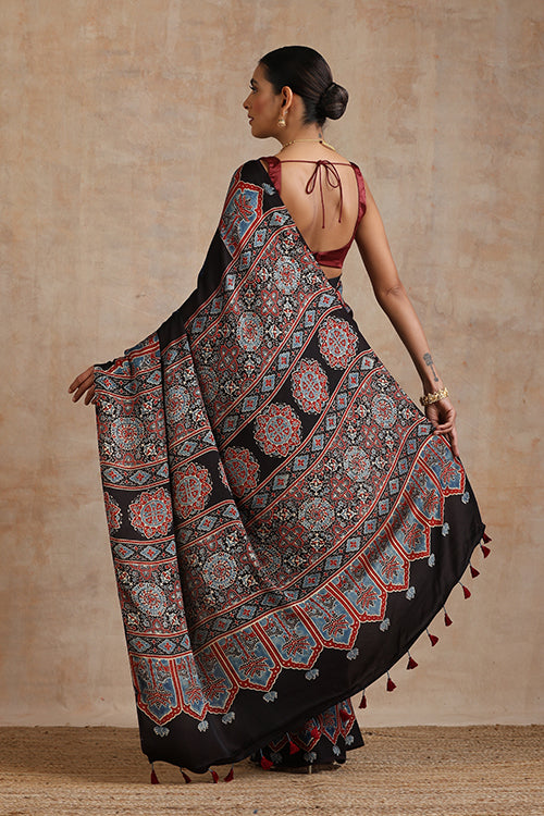 Jahangir Khatri - Black & Prussian Blue Ajrakh & Bandhani Modal Saree