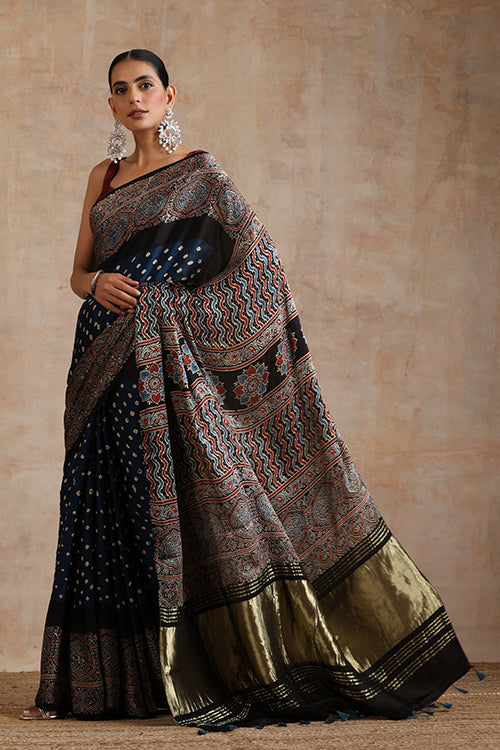 Jahangir Khatri - Black & Prussian Blue Ajrakh & Bandhani Modal Tissue Pallu Saree