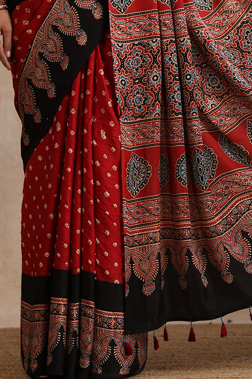 Jahangir Khatri - Red & Red Ajrakh & Bandhani Modal Saree