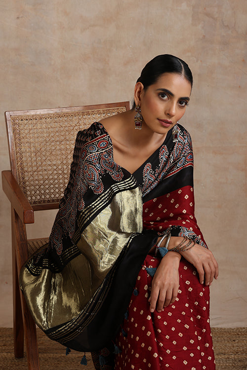 Jahangir Khatri - Black & Maroon Ajrakh & Bandhani Modal Tissue Pallu Saree