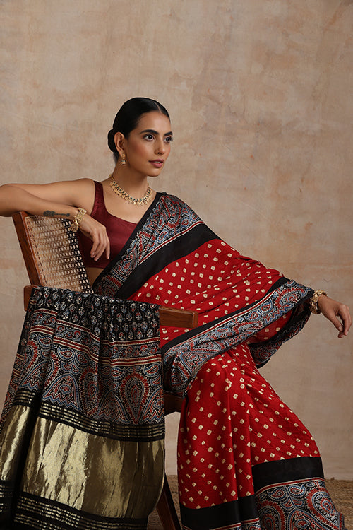 Jahangir Khatri - Black & Red Ajrakh & Bandhani Modal Tissue Pallu Saree