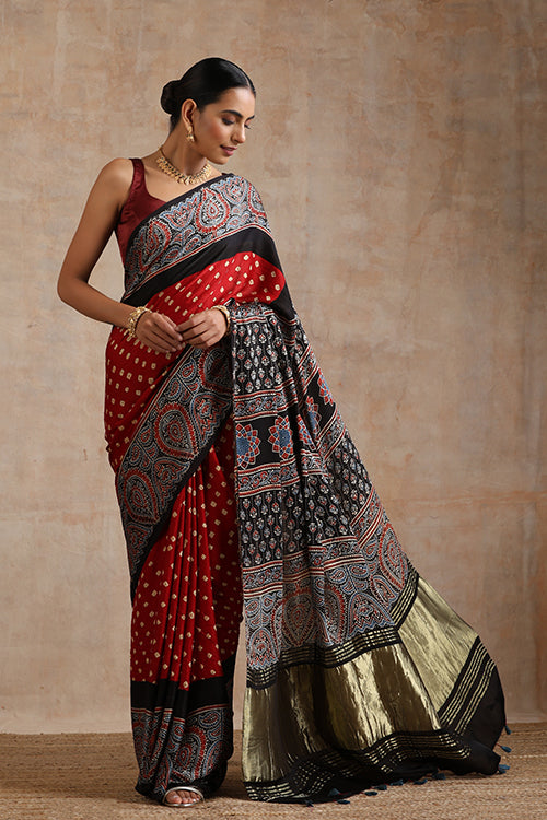 Jahangir Khatri - Black & Red Ajrakh & Bandhani Modal Tissue Pallu Saree