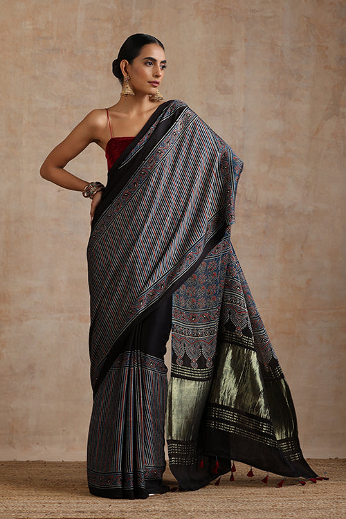 Jahangir Khatri - Indigo Blue Ajrakh Modal Tissue Pallu Saree