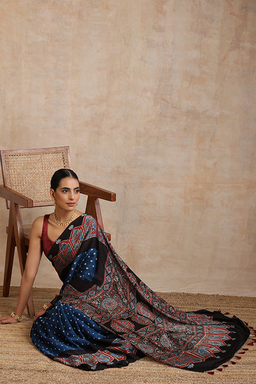 Jahangir Khatri - Black & Prussian Blue Ajrakh & Bandhani Modal Saree