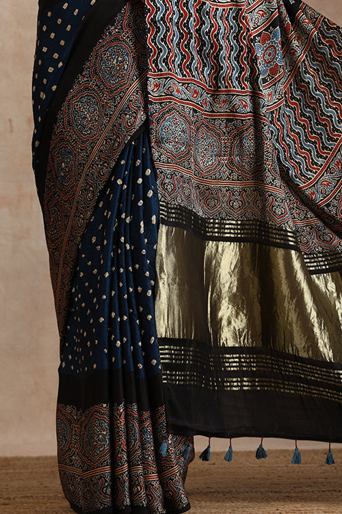 Jahangir Khatri - Black & Prussian Blue Ajrakh & Bandhani Modal Tissue Pallu Saree