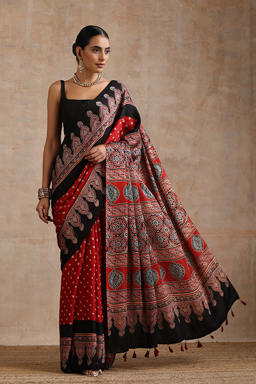 Jahangir Khatri - Red & Red Ajrakh & Bandhani Modal Saree
