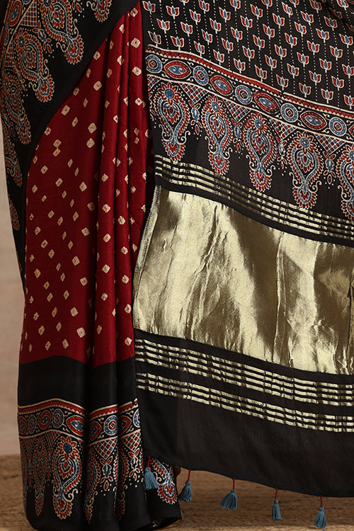 Jahangir Khatri - Black & Maroon Ajrakh & Bandhani Modal Tissue Pallu Saree