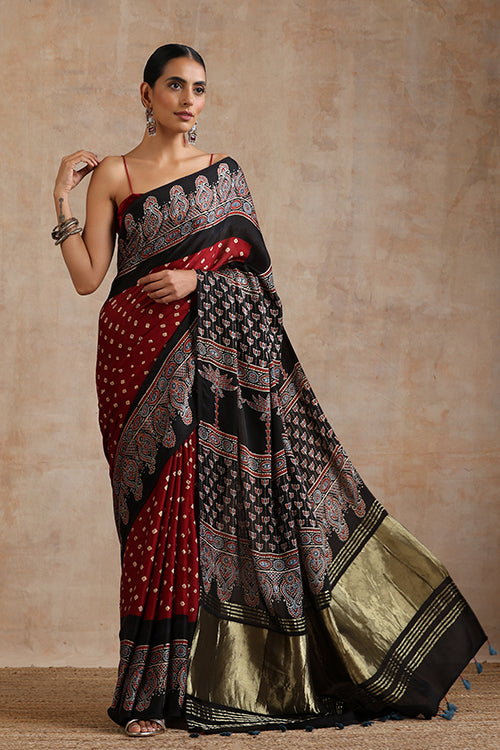 Jahangir Khatri - Black & Maroon Ajrakh & Bandhani Modal Tissue Pallu Saree