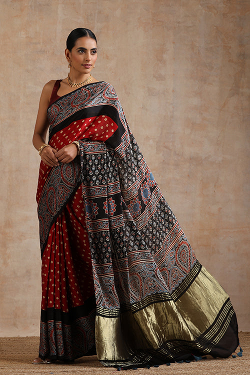 Jahangir Khatri - Black & Red Ajrakh & Bandhani Modal Tissue Pallu Saree
