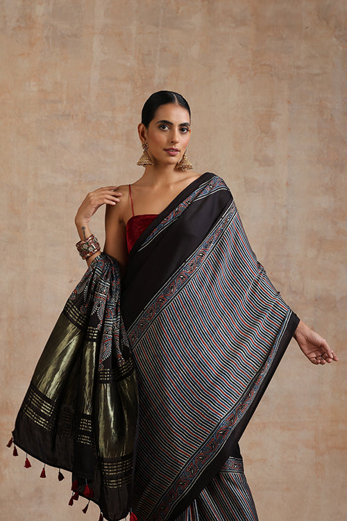 Jahangir Khatri - Indigo Blue Ajrakh Modal Tissue Pallu Saree