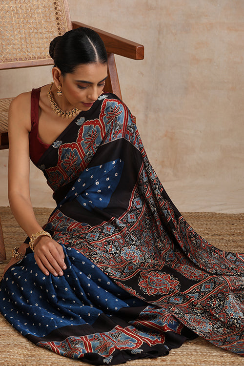 Jahangir Khatri - Black & Prussian Blue Ajrakh & Bandhani Modal Saree