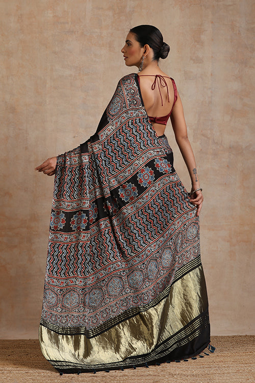 Jahangir Khatri - Black & Prussian Blue Ajrakh & Bandhani Modal Tissue Pallu Saree