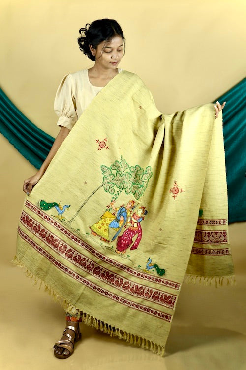 Diorama Designs Pattachitra "Mayur" Handpainted Raw Silk Cotton  Shawl