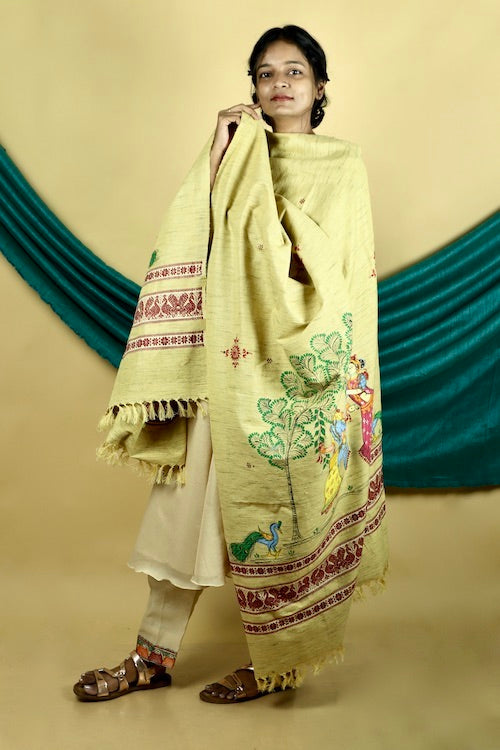 Diorama Designs Pattachitra "Mayur" Handpainted Raw Silk Cotton  Shawl